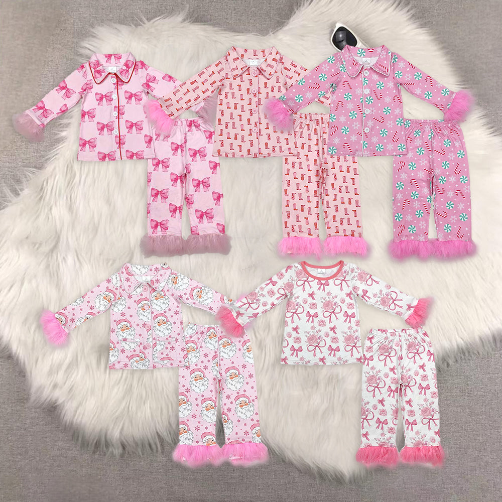 RTS NO MOQ Sibling Baby Girls Christmas Pink Plush Button Long Sleeve Long Pants Pajama Set