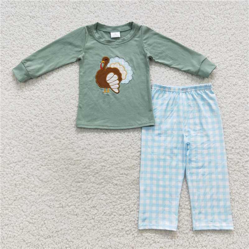 RTS NO MOQ（In Stock) BLP0214 Embroidered Turkey Long Sleeve Pants Set
