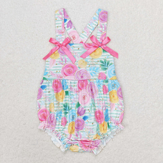 RTS no moq SR1424 Colorful flower stripes pink bow vest jumpsuit