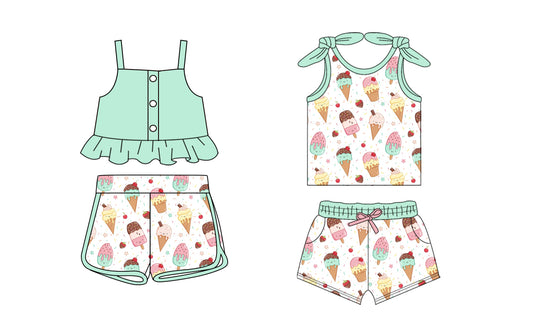 1.23 custom each style moq 5eta 4-6week Sibling Sister ice cream baby girls short sleeve shorts sets and set 2 match design