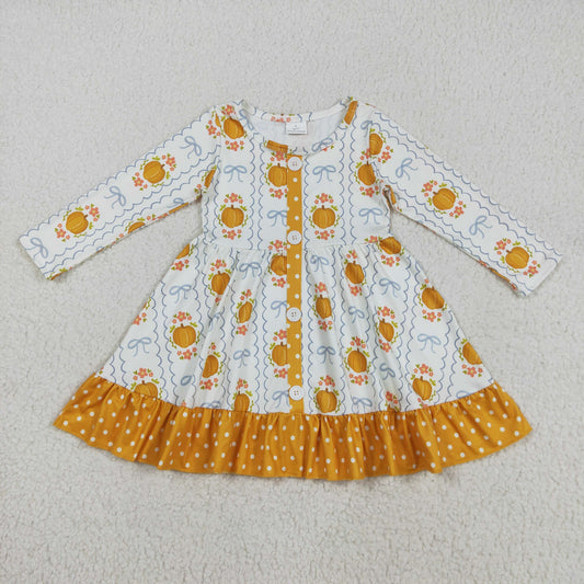 RTS NO MOQ（In Stock) GLD1111 Long-sleeved dress with floral, pumpkin, and bow patterns, wavy lines, polka dots, and orange lace trim and buttons