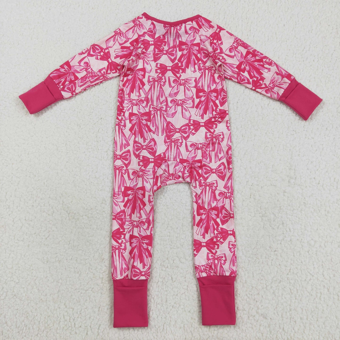 RTS NO MOQ（In Stock) LR2365 Rose Red Bow Pattern Zippered Long Sleeve Bodysuit