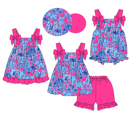 1.23 custom each style moq 5eta 4-6week Sibling Sisters baby girl short sleeve shorts sets and dress and rompers match family design