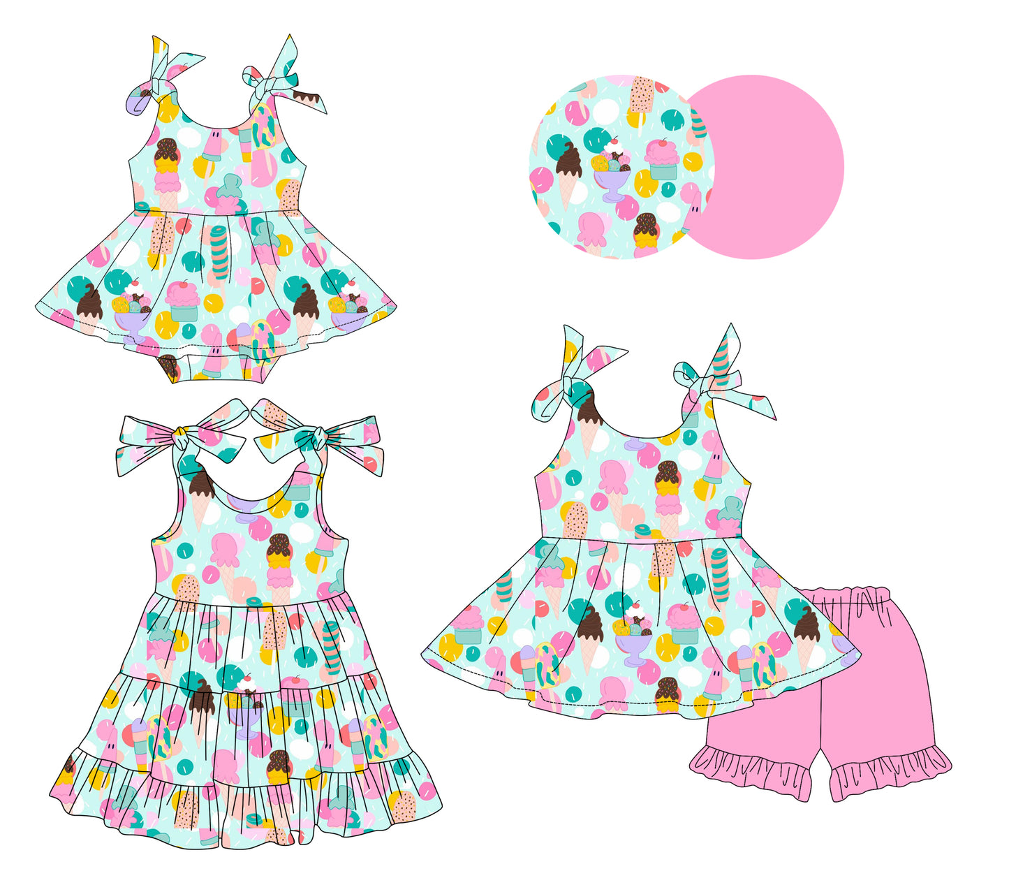 3.17 custom each style moq 5eta 4-6week Sibling Sisters ice cream baby girl short sleeve shorts sets and dress and rompers match family design