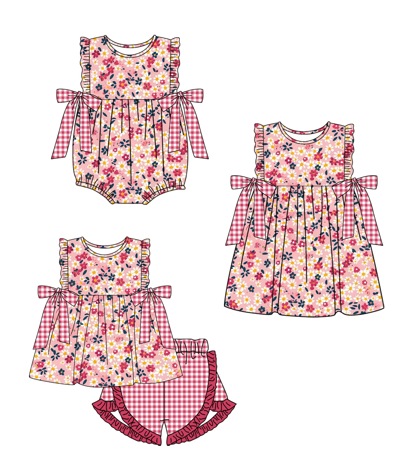 1.23 custom each style moq 5eta 4-6week Sibling Sisters baby girl short sleeve shorts sets and dress and rompers match family design