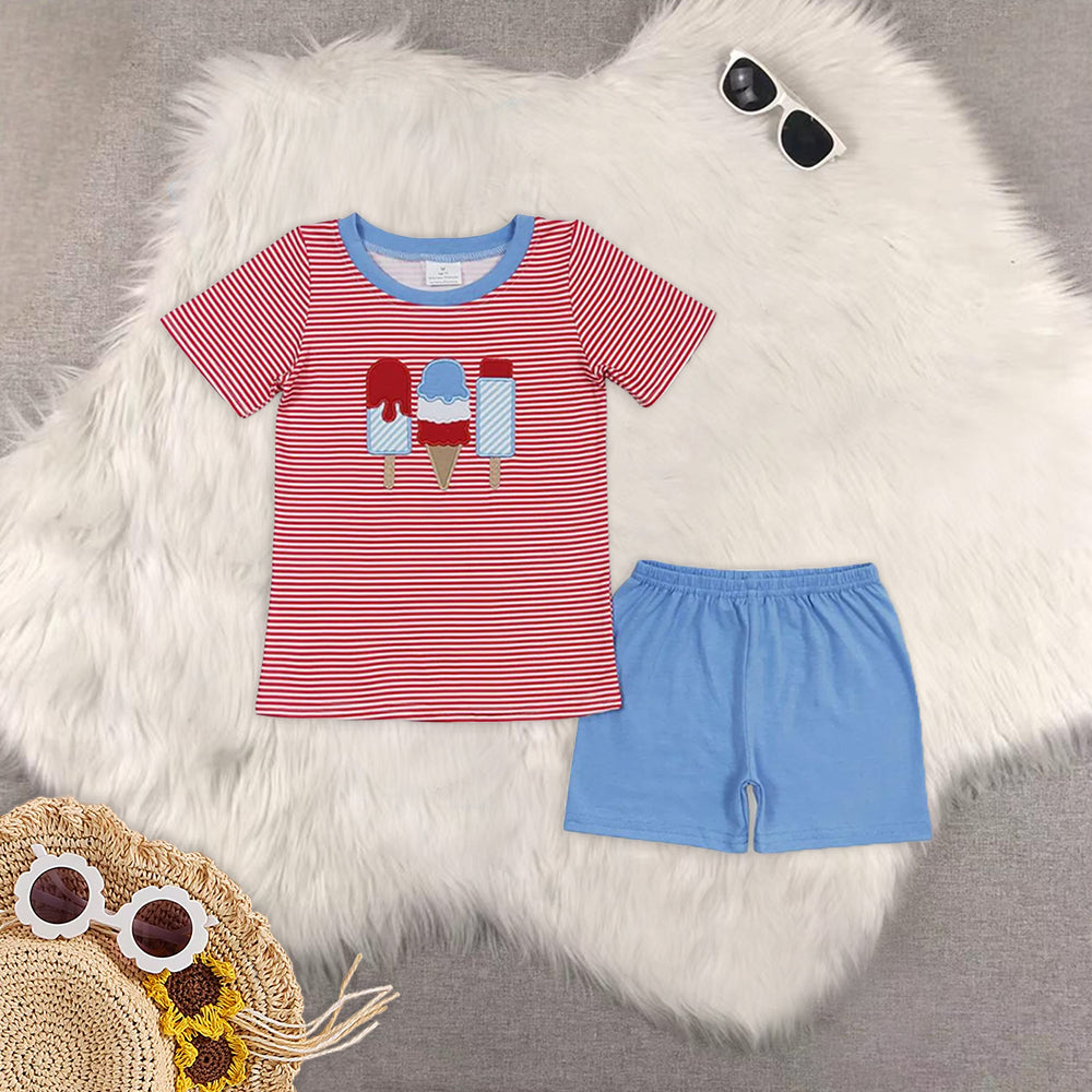 RTS NO MOQ baby boys clothes embroidery ice cream short sleeve Clothes Sets dress