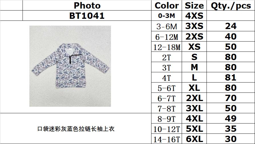 RTS NO MOQ ETA 5/7days Arrived BT1041 Pocket camouflage gray-blue zipper long-sleeved top