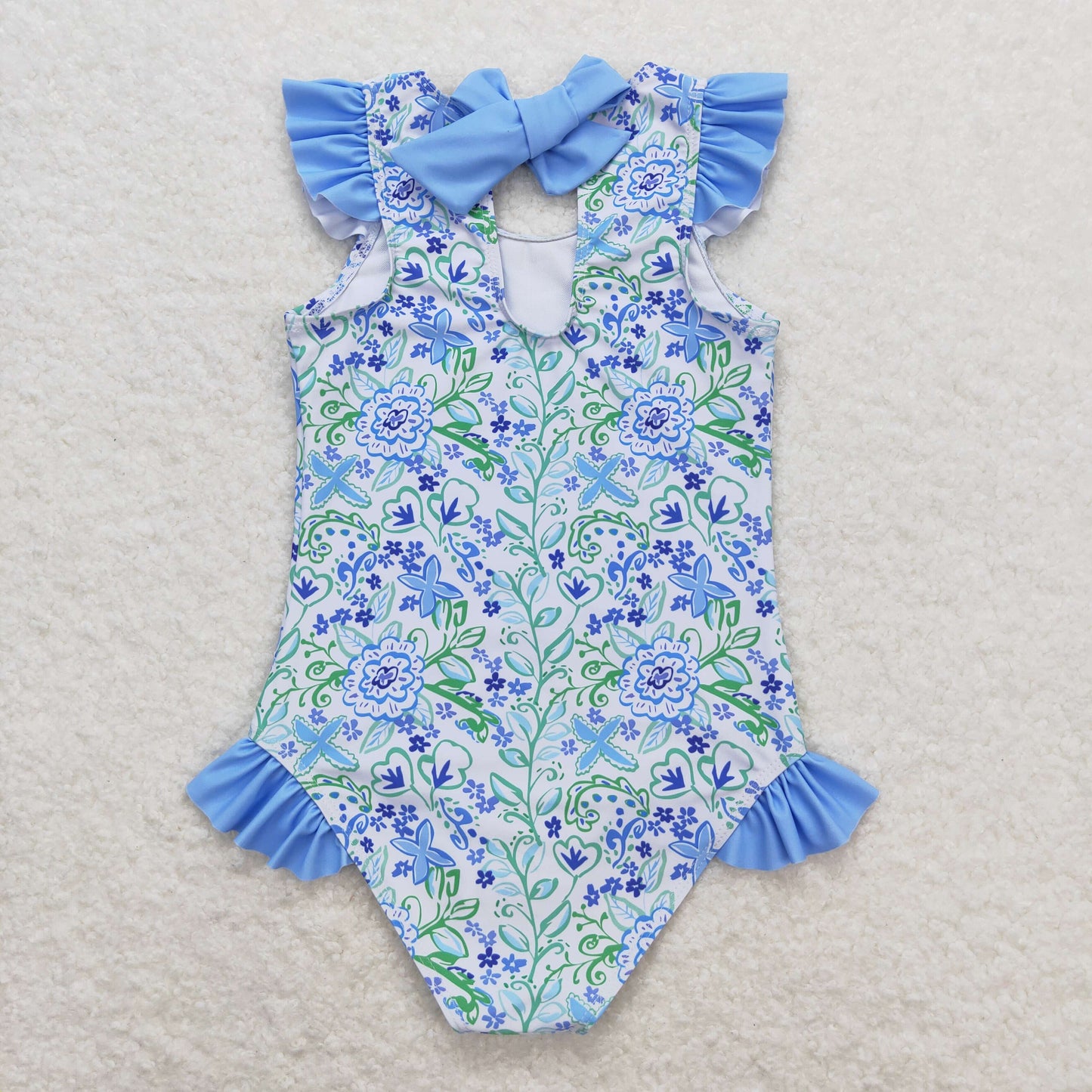 S0278 Floral blue and white lace one-piece swimsuit