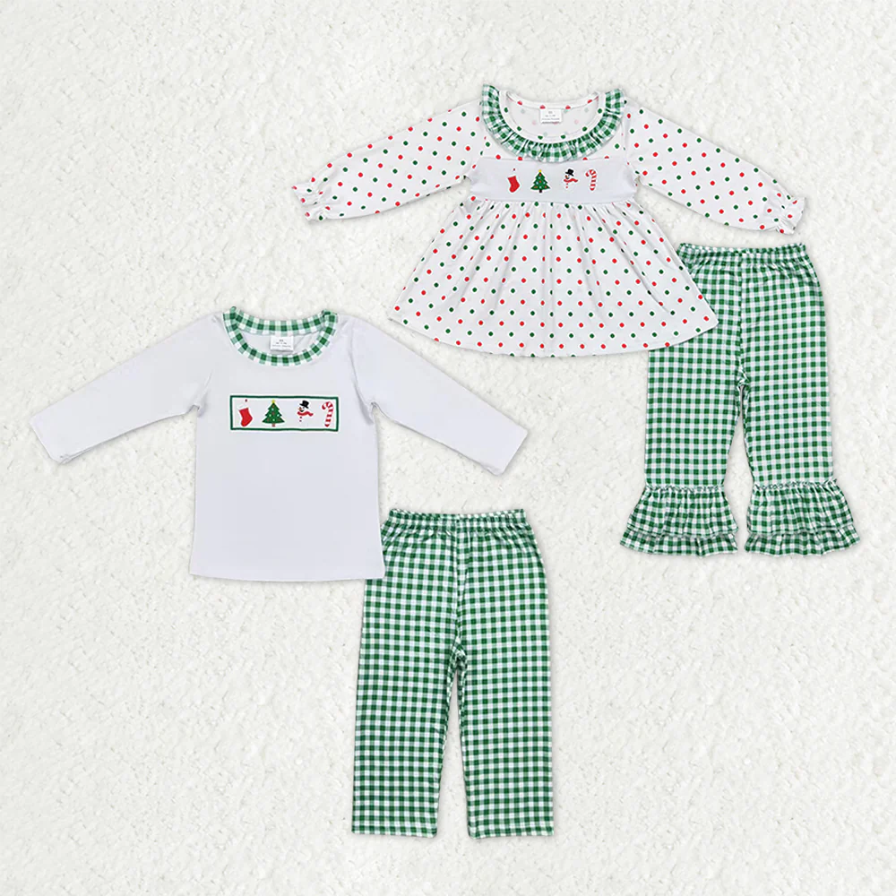 RTS NO MOQ Sibling Baby girls clothes embroidery Christmas long-sleeved trousers suits
