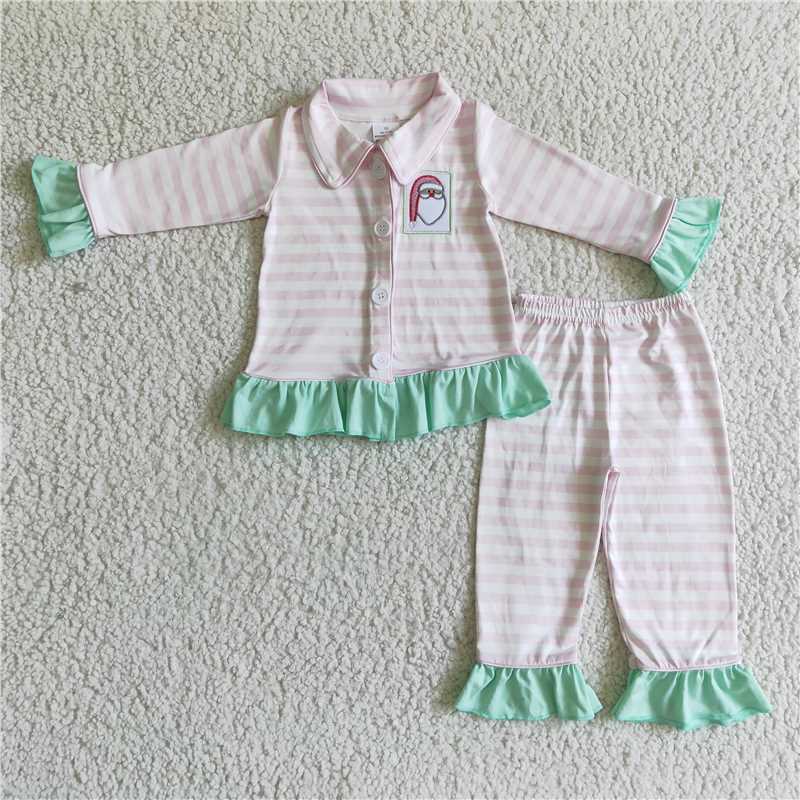 Baby Girls Santa Claus print pink and white stripes green lace pajamas family brother and sister set