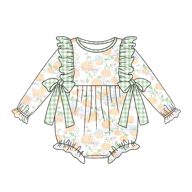 5.2custom each style moq 5eta 4-5week Sibling Sister pumpkin prints green plaid white girls outfits and dress and baby romper match family design