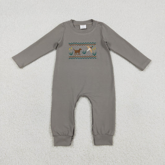 RTS NO MOQ（In Stock ) LR2909 Embroidered puppy and duck grey-green long-sleeved jumpsuit