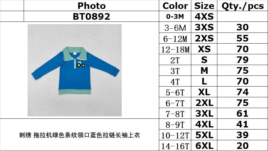 RTS NO MOQ ETA 5/7days arrived BT0892 Embroidered tractor green striped collar blue zipper long-sleeved top