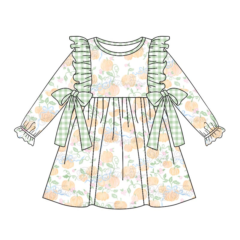 5.2custom each style moq 5eta 4-5week Sibling Sister pumpkin prints green plaid white girls outfits and dress and baby romper match family design