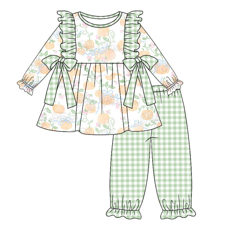 5.2custom each style moq 5eta 4-5week Sibling Sister pumpkin prints green plaid white girls outfits and dress and baby romper match family design