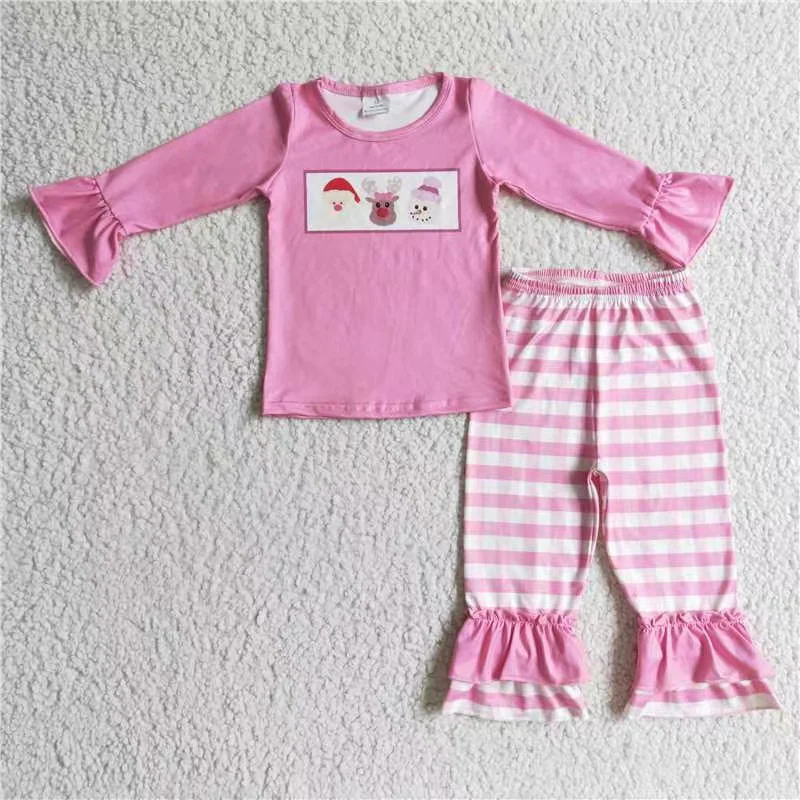 RTS NO MOQ Sibling Baby girls clothes embroidery Christmas long-sleeved trousers suits