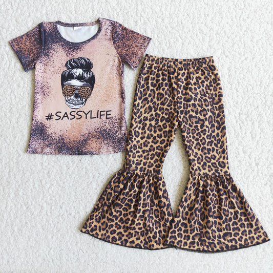 rts no moq C3-22 SASSYLIFE Alphabet Short Sleeve Leopard Flared Pants