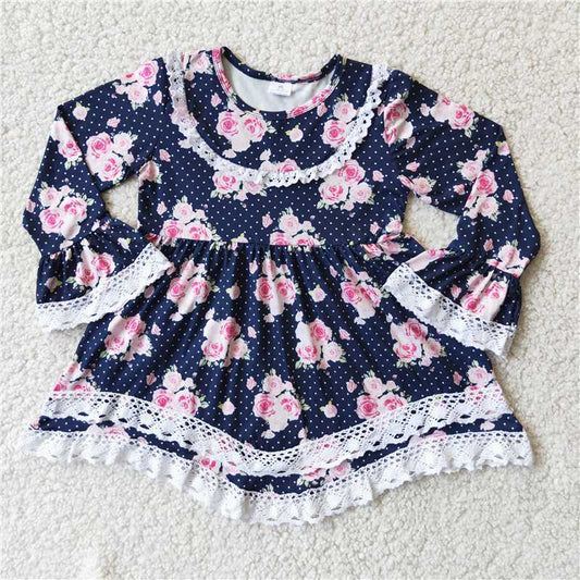 RTS SALES NO MOQ G2-16-2// Pink flower dark blue lace long-sleeved top