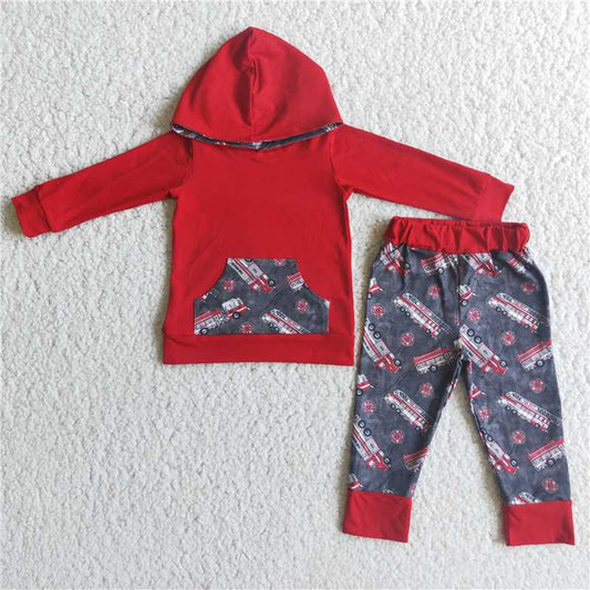 red 6C8-2 Fire engine red long sleeve hooded sweatshirt and pants suit