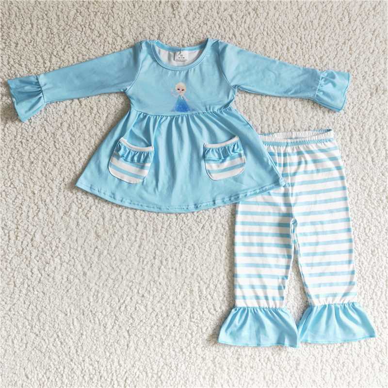 6 C11-5 Princess Frozen Blue Pocket Top Striped Pants Suit