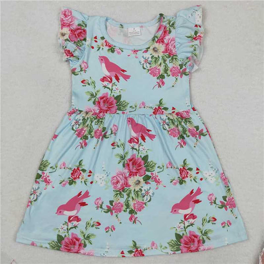 Rose red flower and bird light blue flying sleeve dress 玫红色花鸟儿浅蓝色飞袖裙