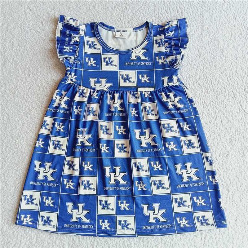 UK letter blue and white plaid flying sleeve dress UK字母蓝白格纹飞袖裙