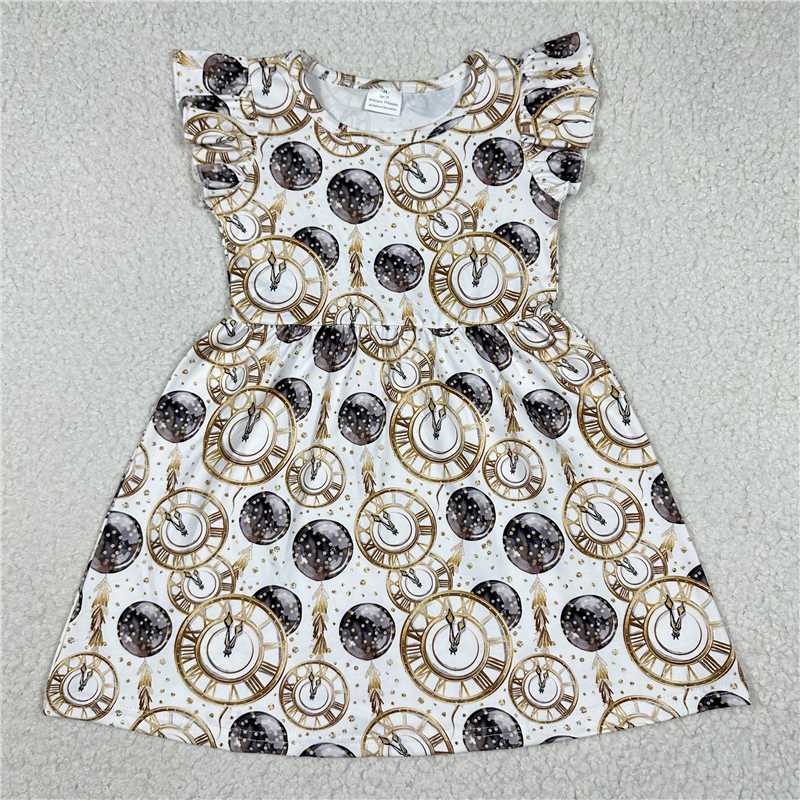 Clock brown circle white flying sleeve dress 钟表棕色圆圈白色飞袖裙