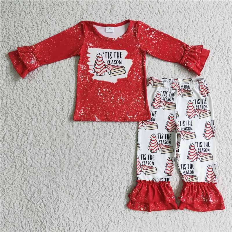 RTS NO MOQ Red long-sleeved suit with wooden stripes and Christmas tree pattern