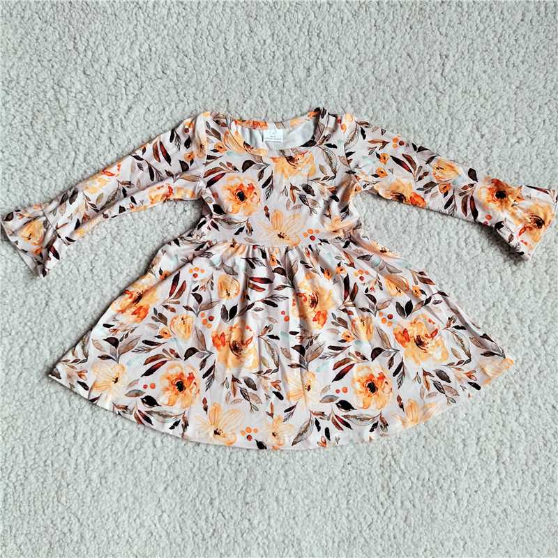 RTS NO MOQ SALES G3-8-5'; Light orange flower brown leaf long sleeve dress