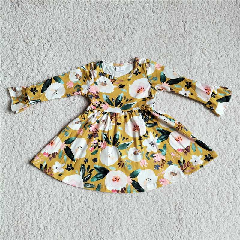 RTS NO MOQ SALES G3-8-5*, White floral dark yellow long-sleeved dress