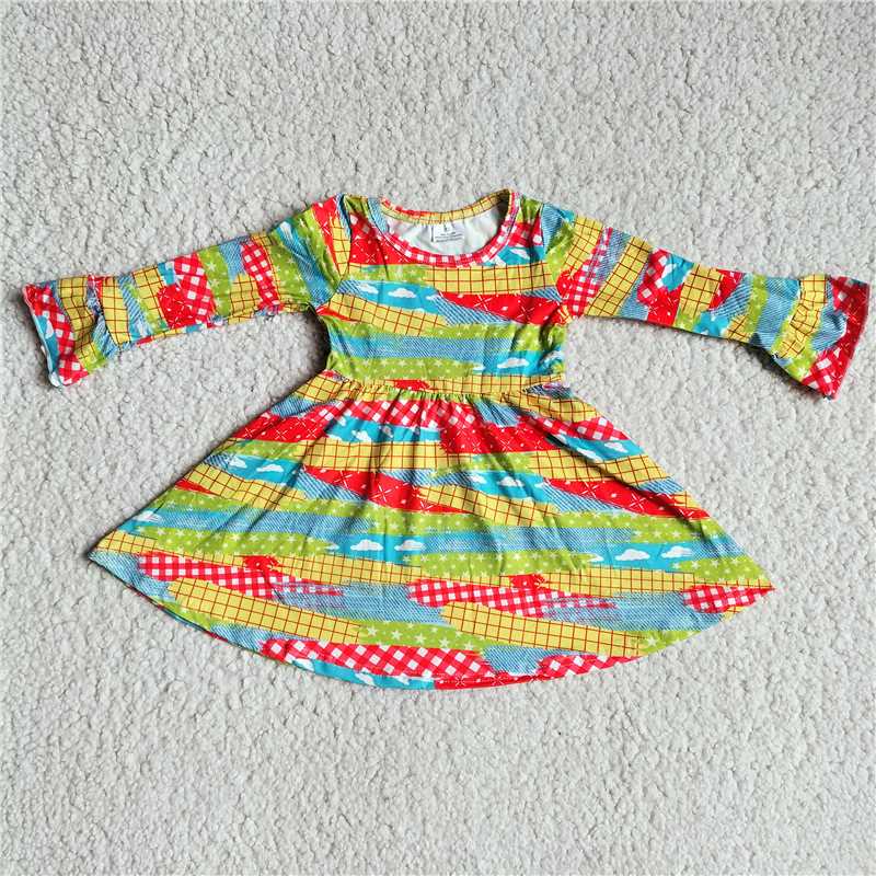 RTS NO MOQ SALES G3-8-5*= Red, green and blue square striped long-sleeved dress