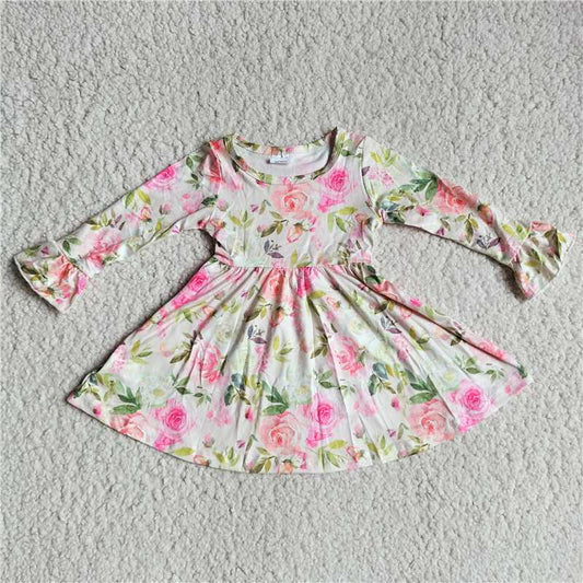 RTS NO MOQ SALES G3-8-5*.\ Light pink rose green leaves off-white long-sleeved dress