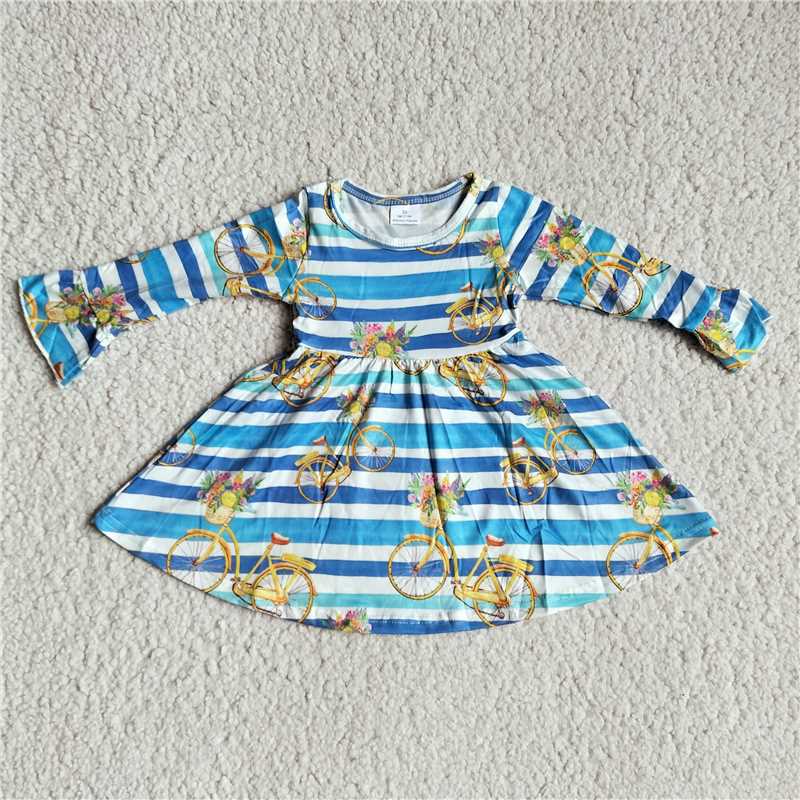 RTS NO MOQ SALES G3-8-5*/. Long-sleeved blue and white striped bicycle dress