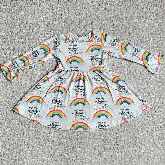 RTS NO MOQ SALES G3-6-8*'. Rainbow colored letters white long-sleeved dress