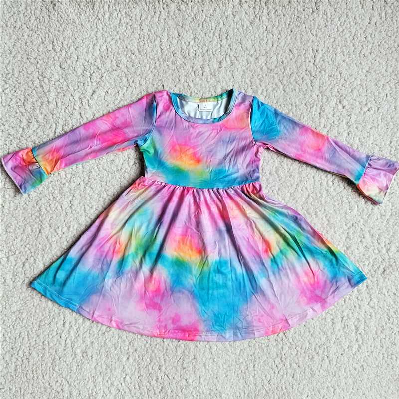 RTS NO MOQ SALES G3-8-6*/.; Purple and blue tie-dyed long-sleeved dress