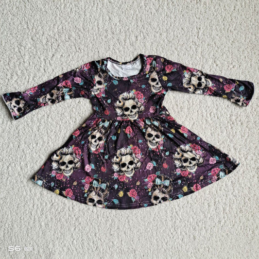 RTS NO MOQ SALES G3-8-6*.- Colorful rose skull black and purple long-sleeved dress