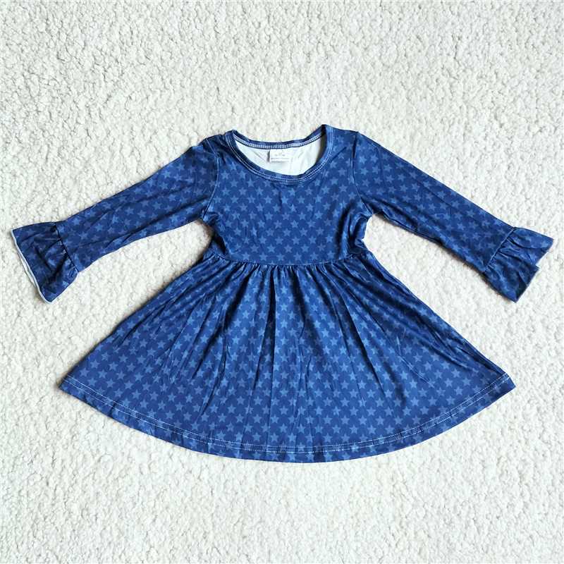 RTS NO MOQ SALES G3-8-6*.'/ Five-pointed star dark blue long-sleeved dress