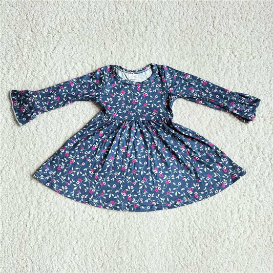 RTS NO MOQ SALES G3-8-7*/ Dark blue long-sleeved dress with purple flowers and leaves