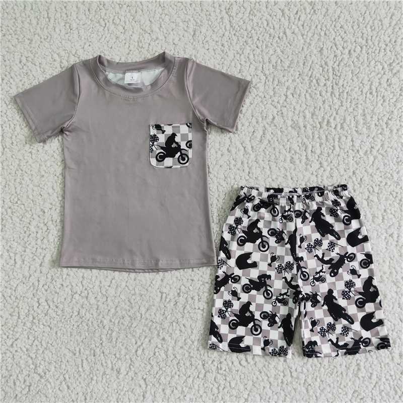 BSSO0054 Boys Gray Pocket Motorcycle Short Sleeve Shorts Set