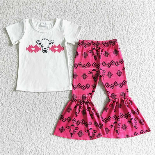 rts no moq GSPO0049 White Tau Short Sleeve Pink Flared Pants Set