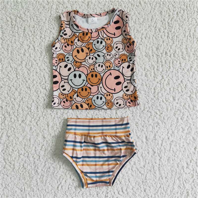 GBO0043 Girls' Smiley Sleeveless Striped Briefs Set