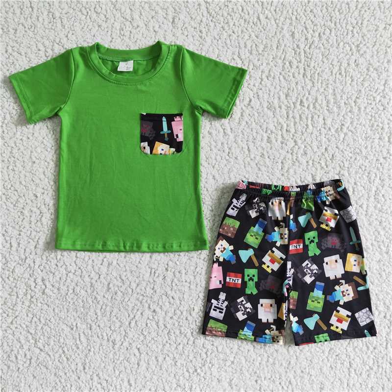 RTS NO MOQ BLP1024+BSSO0078 Baby boy game green top pants pajamas set and short-sleeved shorts set