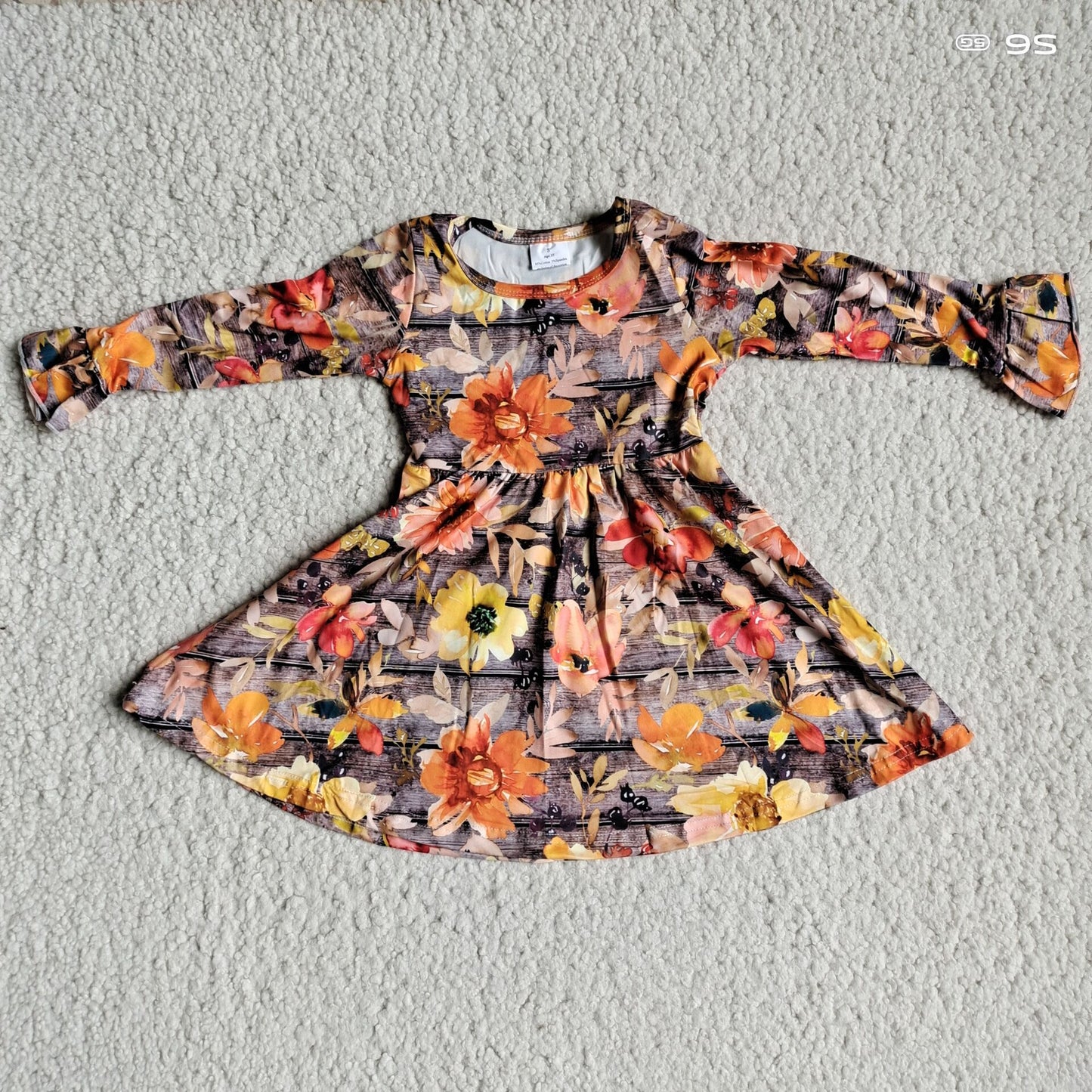 RTS NO MOQ SALES G3-12-4-\ Orange flower leaves brown long-sleeved dress