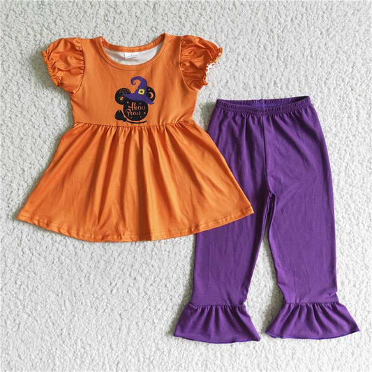 RTS NO MOQ GSPO0117 Girls Halloween head short-sleeved and long pants suit