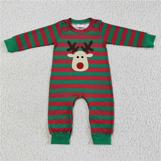 RTS LR0028 Christmas embroidered deer green striped long-sleeved jumpsuit