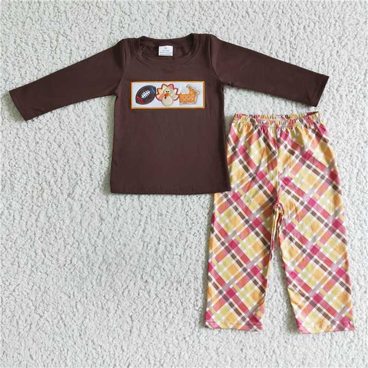 BLP0005 Boys Embroidered Thanksgiving Turkey Brown Long Sleeve Pantsuit