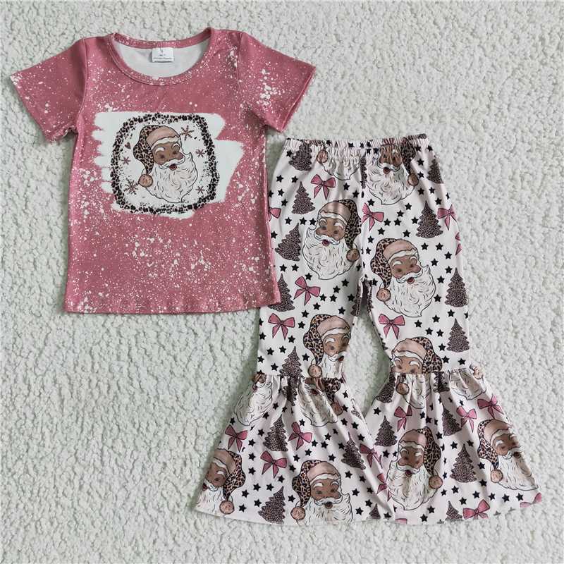 RTS NO MOQ GSPO0180 GSPO0181 Leopard Santa Short Sleeve Flared Pants Set: Pink & Brown