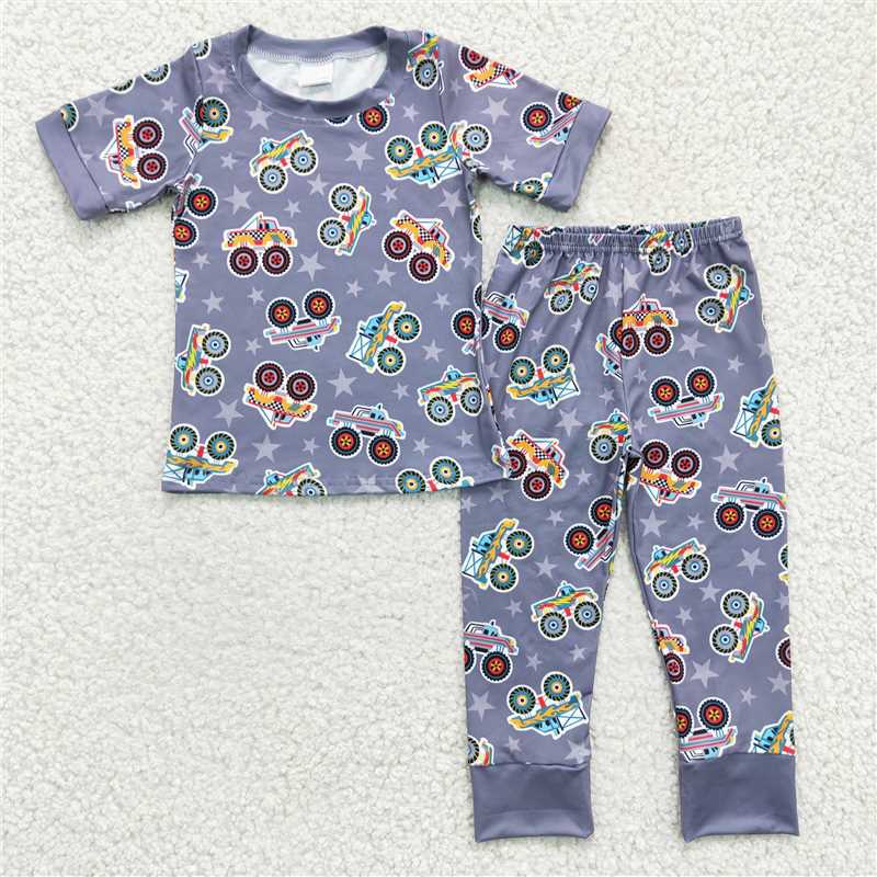 RTS NO MOQ Baby Boys Construction Truck Print Short Sleeve Trousers Set