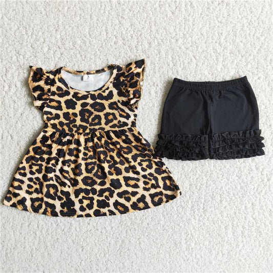 D6-12 Leopard print fly sleeve black layered shorts