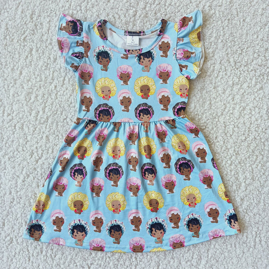 Black girl light blue flying sleeve dress 黑妹淡蓝色飞袖裙